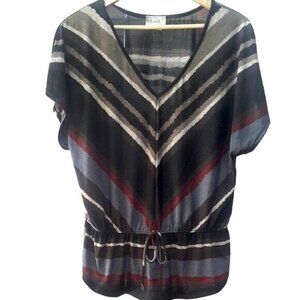 2/$15 Lavish Drawstring Top Gray Medium Batwing Short Sleeve Red V-Neck Stripe
